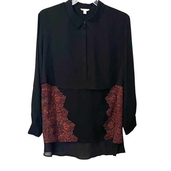CATO LONG TAB SLV, BUTTONS, HI-LOW CAPE BLOUSE, WOMENS, 22/24W, Black & ORANGE - Picture 1 of 12
